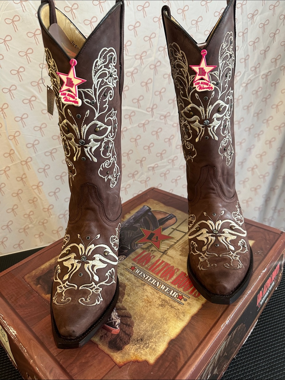 Brown Embroidered Western Knee-High Boots with Cream Stitching